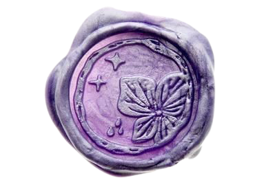 a png of a purple iridescent circular wax seal with a design of stars to the left and a four-petal flower to the right